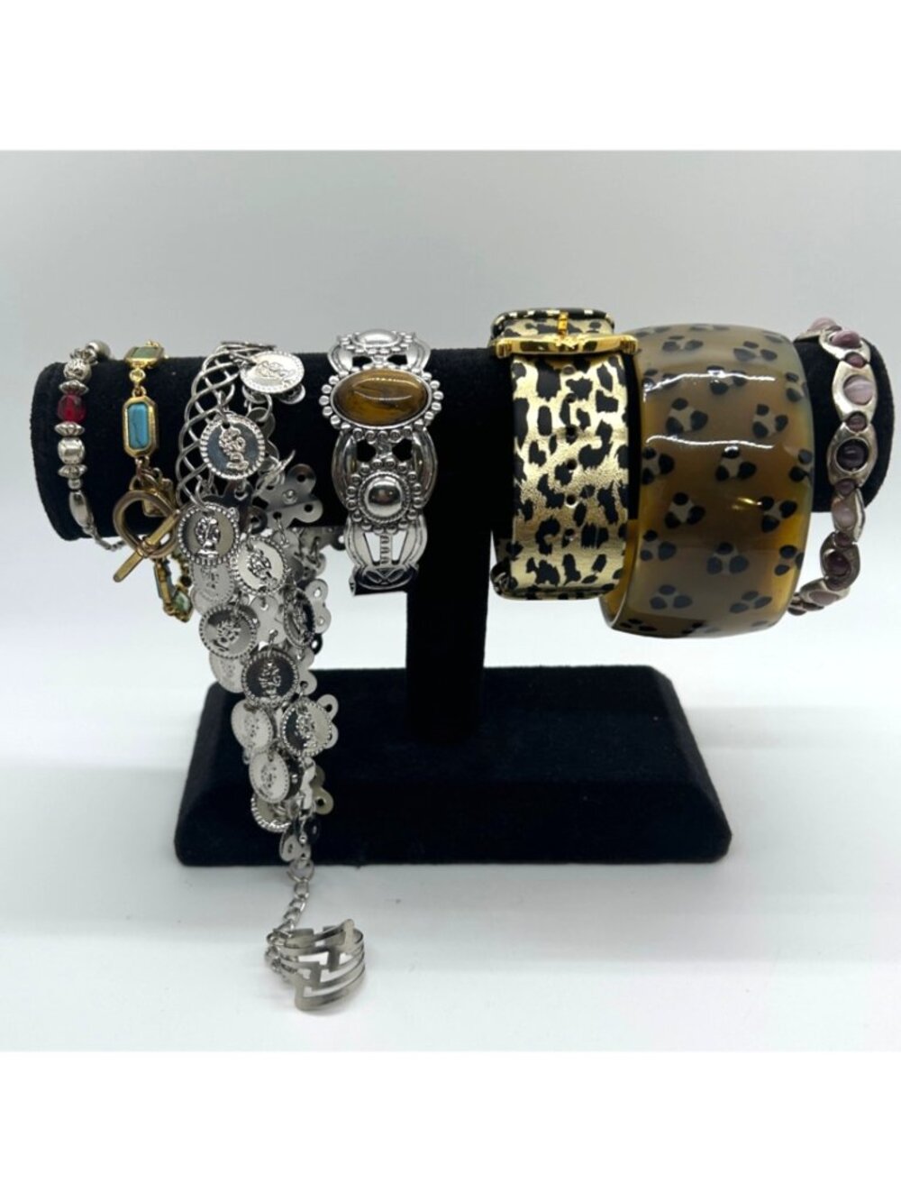 Bohemian Braceley Lot Vintage Silver tone Coin Faux Tiger Eye Leopard Bangle - Picture 2 of 16